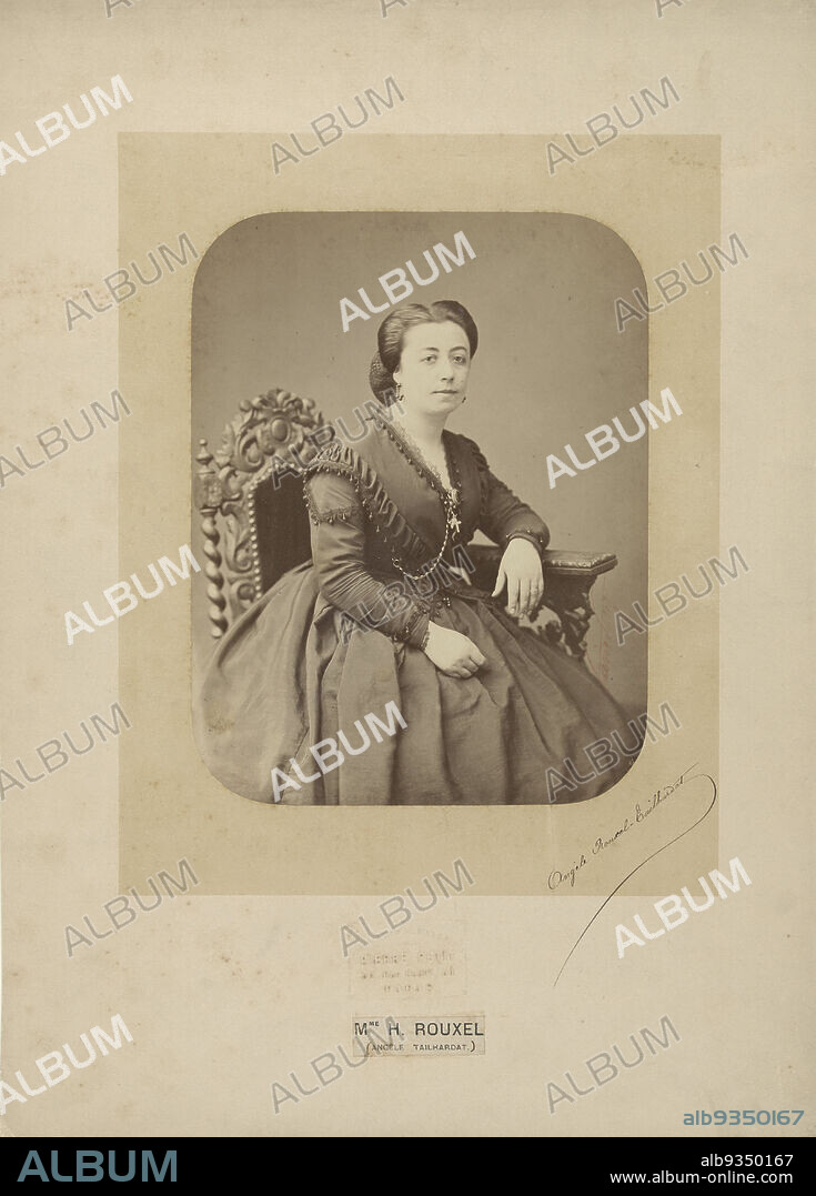 Portrait of Anne-Angèle Tailhardat, Mme H. Rouxel (Angèle Tailhardat) (title on object), Pierre Petit (mentioned on object), Paris, 1865 - 1870, paper, cardboard, albumen print, height 212 mm × width 163 mmheight 412 mm × width 293 mm.