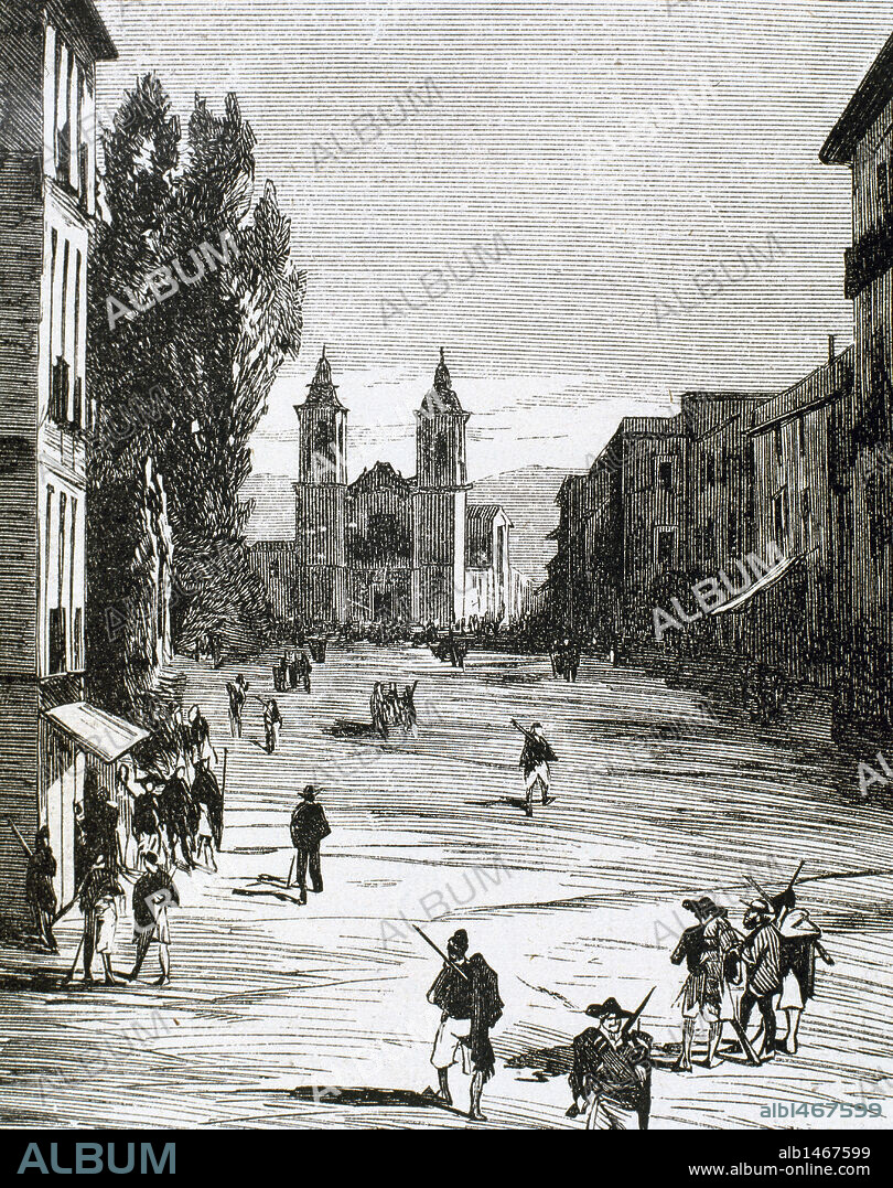 INSURRECCION CANTONALISTA. Durante la I República Española diversas ciudades se sublevaron para establecer el régimen federal, basado en la libre federación de cantones. MURCIA. LOS INSURRECTOS EN EL BARRIO DEL CARMEN. Grabado por Rico en "La Ilustración Española y Americana" (1872) .