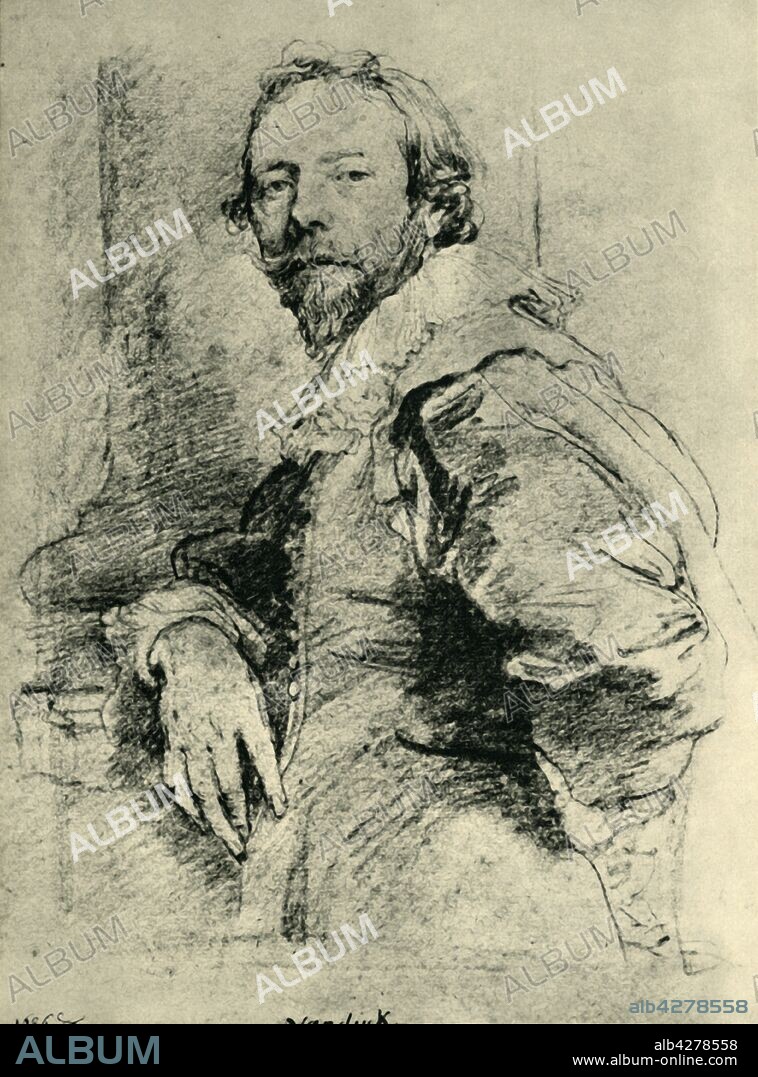 ANTHONY VAN DYCK. 'Portrait of Adam de Coster', 1627-1635, (1943). The Flemish painter Adam de Coster (c1586-1643) was a prominent member of the Antwerp Caravaggisti (stylistic followers of Caravaggio). Drawing in the Städel Museum, Frankfurt, Germany. From "Europäische Handzeichnungen", (Five Hundred Years of European Drawings), by Bernhard Degenhart. [Atlantis-Verlag Berlin, Zürich, 1943].