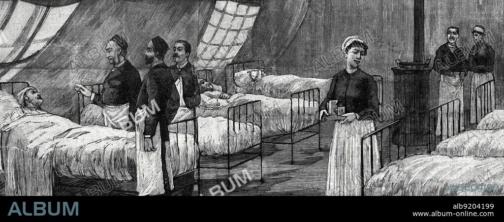Illustration relating to the influenza pandemic in Paris, from the cover of Le Petit Parisien, January, 1890: the interior of a special tent set up as a ward for the sick in the courtyard of the hospital. The 1889-1890 pandemic, often referred to as the Russian Flu, was one of the deadliest pandemics in history, killing one million people.