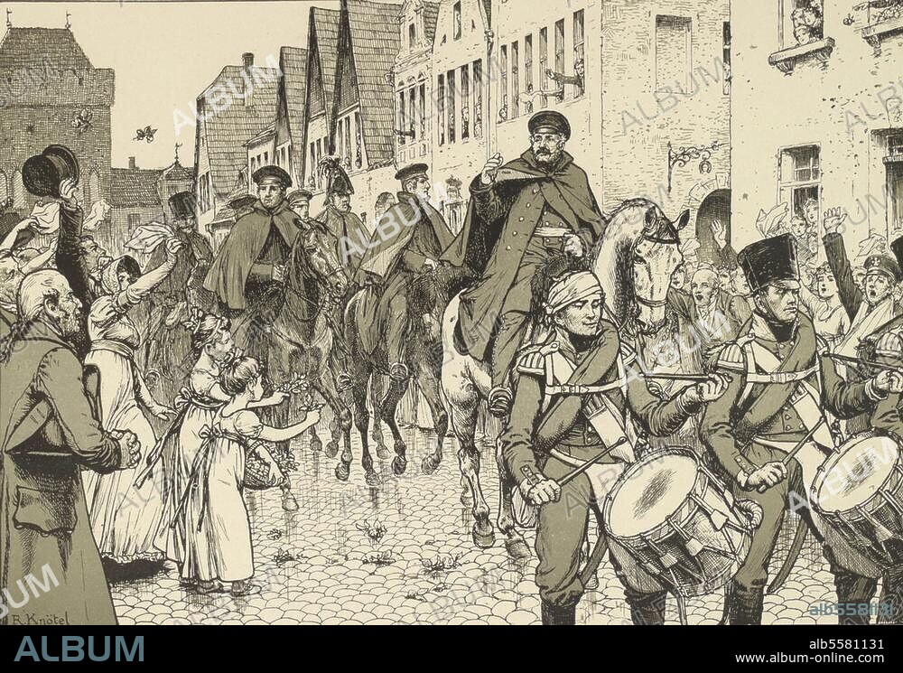 Blücher, Gebhard Leberecht, Fürst B. preuß. Generalfeldmarschall. 1742-1819. "Heil den Befreiern!". (Blücher in Glogau nach der Schlacht a. d. Katzbach, 26. August 1813). Nach Zeichn. v. Richard Knötel (1857-1914). Aus: R.Knötel, Die eiserne Zeit vor hundert Jahren, 1806-1813. Kattowitz u. Leipzig (C.Siwinna) o. J. (c. 1910).