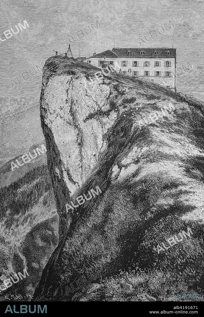 the hotel at the Schafberg that is a mountain in the Austrian state of Salzburg. Situated within the Salzkammergut Mountains range of the Northern Limestone Alps, digital improved reproduction of a woodcut from the year 1885.