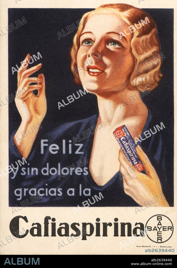 Publicidad farmacéutica de Cafiaspirina, de Laboratorios Bayer. Años 1930.