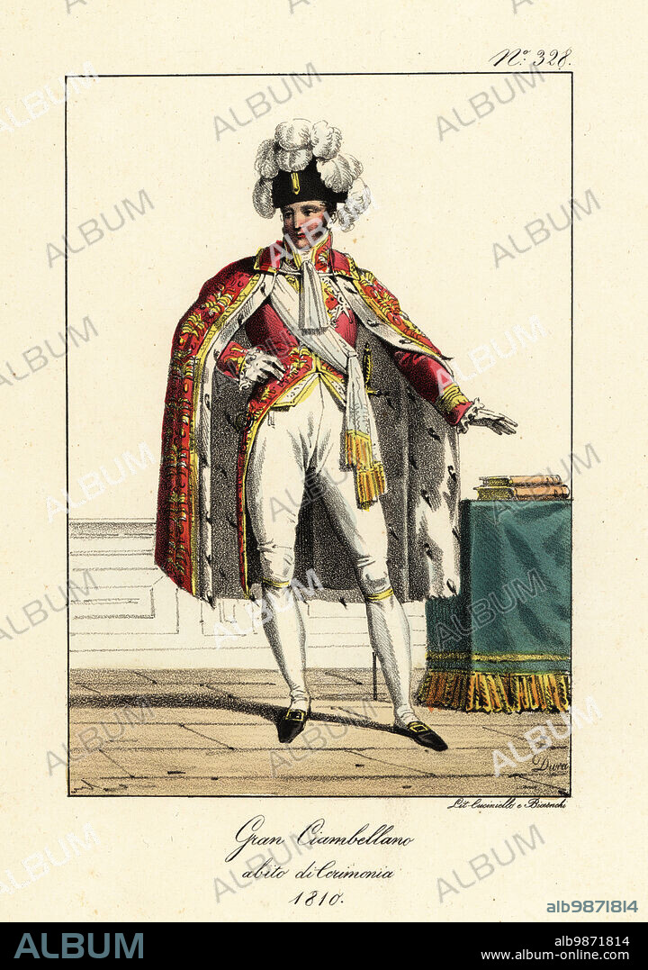 Pierre de Montesquiou-Fezensac in ceremonial robes of the Grand Chamberlain, First Empire era. In plumed hat, embroidered cape, lined with ermine, coat, breeches, buckle shoes. Grand Chambellan. Costume de Ceremonie. 1810 Handcoloured lithograph by Lorenzo Bianchi and Domenico Cuciniello after Hippolyte Lecomte from Costumi civili e militari della monarchia francese dal 1200 al 1820, Naples, 1825. Italian edition of Lecomtes Civilian and military costumes of the French monarchy from 1200 to 1820.