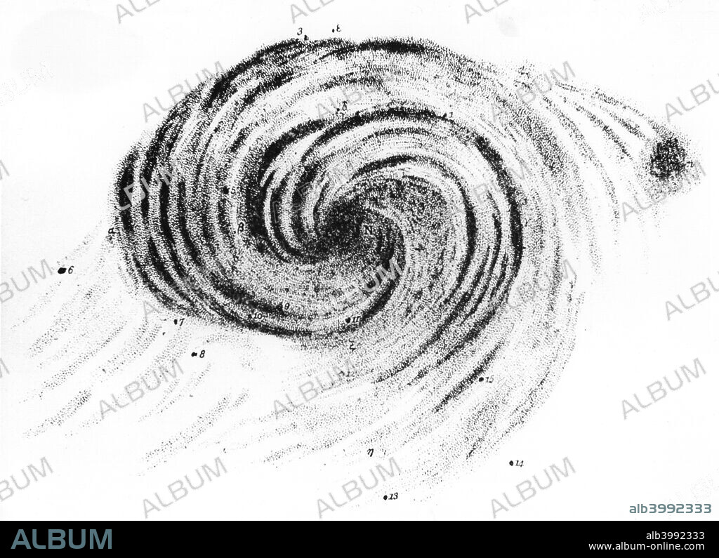 Observation of a spiral galaxy in Canes Venatici drawn by Lord Rosse, 1850. Known as the Whirlpool Galaxy, this was the first galaxy to be recognised as having a spiral structure, by the British astronomer William Parsons, Lord Rosse in 1845. Rosse built a telescope at Birr Castle in Ireland between 1842 and 1844. Known as 'The Leviathan of Parsonstown', the Rosse telescope had a six foot speculum (mirror), and was the largest telescope in the world for 75 years, only being superseded by the 100-inch reflector at Mount Wilson, California in 1917. From Lord Rosse's paper Observations of Nebulae published in Philosophical Transactions, London, 1850.