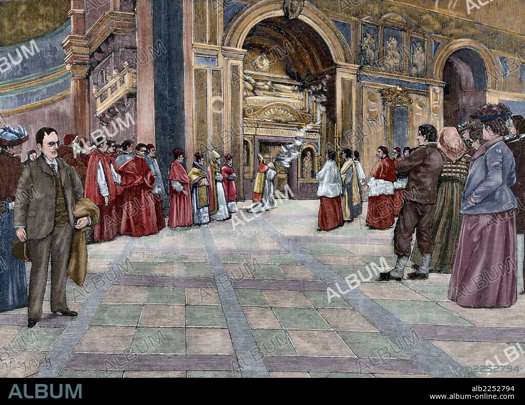 ITALIA. ROMA. Inaguración de monumento sepulcral del Papa Inocencio III en la Basílica de San Juan de Letrán. Grabado por Capuz. "La Ilustración Española y Americana", año 1892. Coloreado.