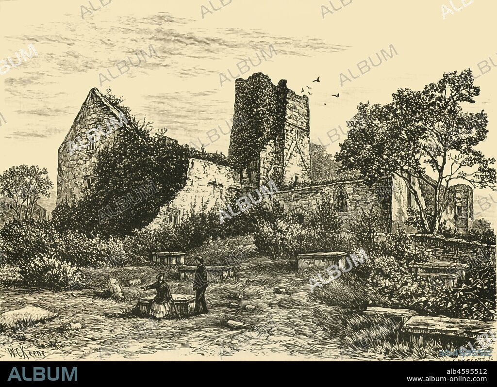 'Ruins near Rathmullen', 1898.  Ruins of a Carmelite Friary built by Eoghan Rua MacSweeney in 1516 in Rathmullan on the Fanad Peninsula in County Donegal, Ireland.  From "Our Own Country, Volume VI". [Cassell and Company, Limited, London, Paris & Melbourne, 1898].