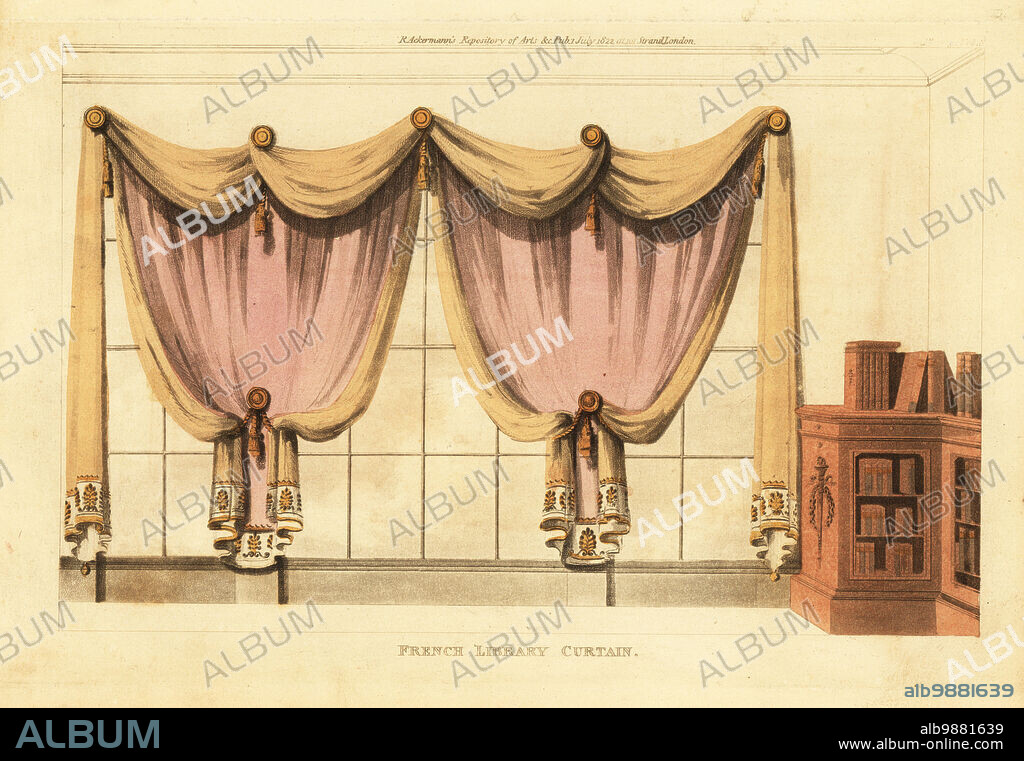 French library curtains, 1812. Drapery hanging from brass rosettes, ornamented with line and tassels. Handcoloured copperplate engraving from The Upholsterer's and Cabinet-Maker's Repository consisting of seventy-six designs of modern and fashionable furniture, Rudolph Ackermann, London, 1830.