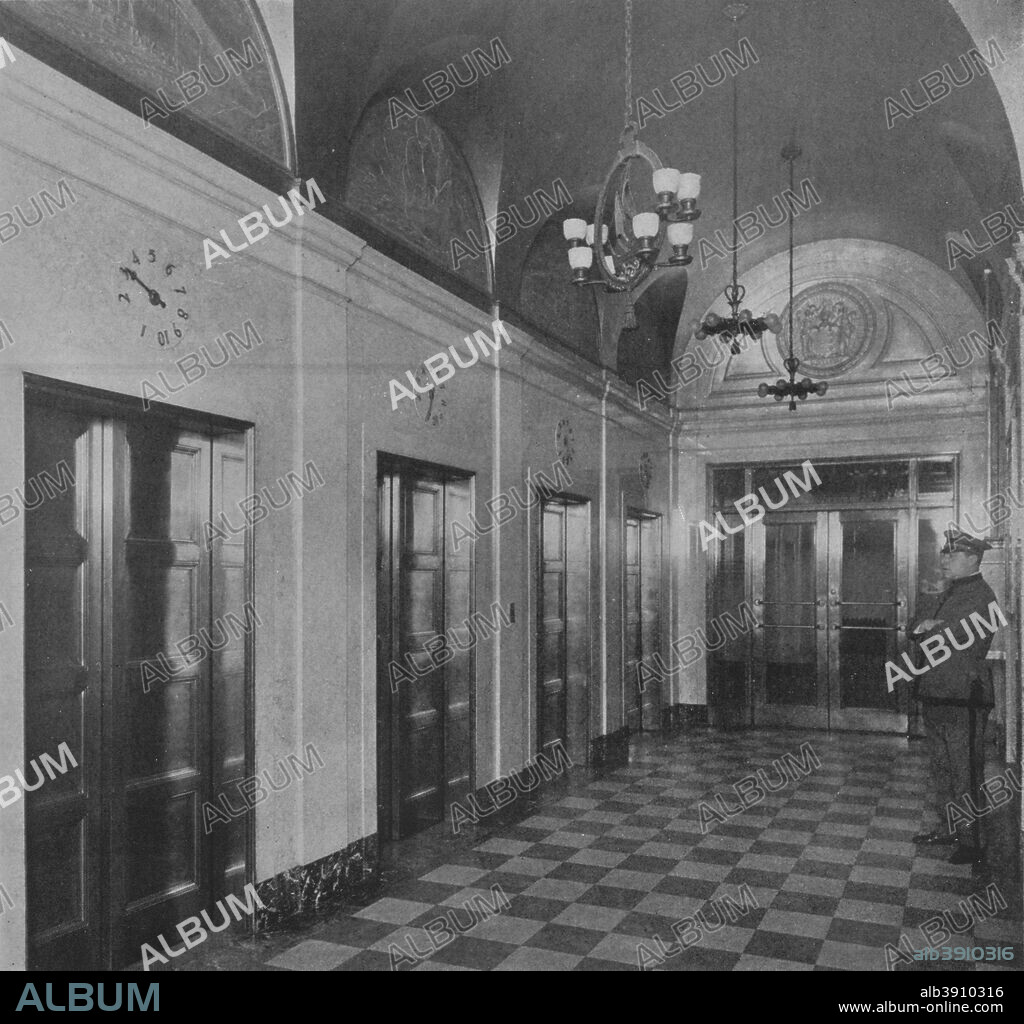 Elevator lobby with vaulted ceiling in dull gold, Chamber of Commerce Building, Newark, New Jersey, 1924. From The Architectural Forum Volume XLI. [Rogers and Manson, New York, 1924].