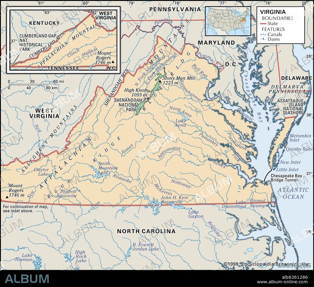 Physical map of Virginia.