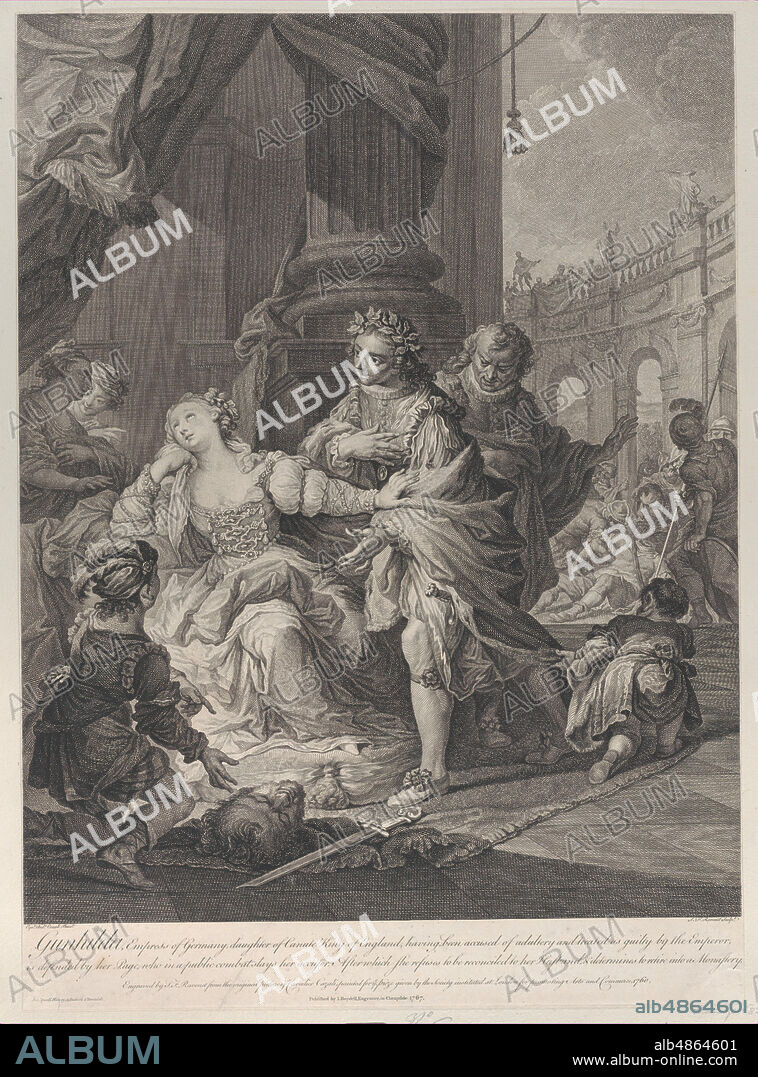 SIMON FRANçOIS RAVENET. Gunhilda accused of adultery, 1760. [Gunhilda, Empress of Germany, daughter of Canute King of England, having been accused of adultery and treated as guilty by the Emperor, is defended by her Page, who in a public combat slays her accuser. After which she refuses to be reconciled to her Husband, & determines to retire into a Monastery].