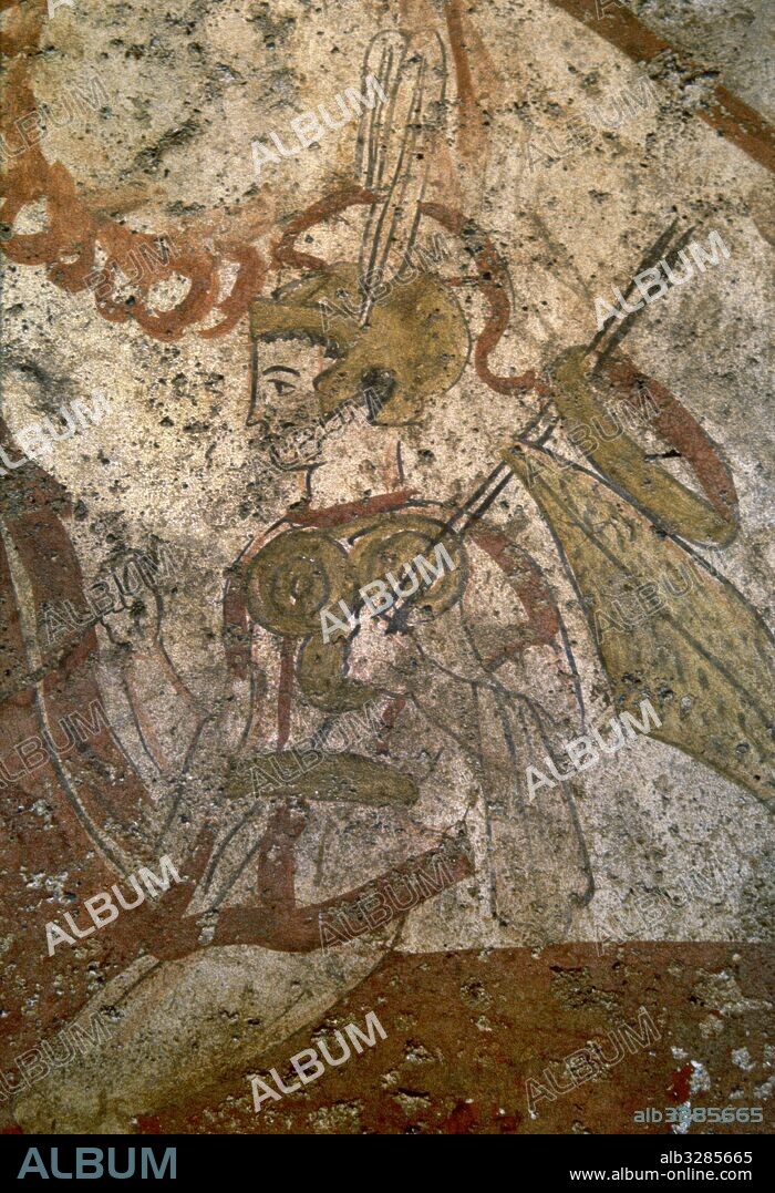 Magna Graecia. Tom slab. c. 370 BC. Fresc Greek style with italian influence. Return of a Samnite warrior, counted on horseback. Archaeological Museum of Paestum.