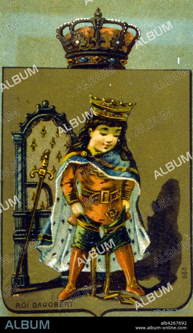 French chromolithograph card depicting a childlike King Dagobert II, king of Austrasia (676–79), son of Sigebert III and Chimnechild of Burgundy. He is also accounted a saint by the Roman Catholic Church.