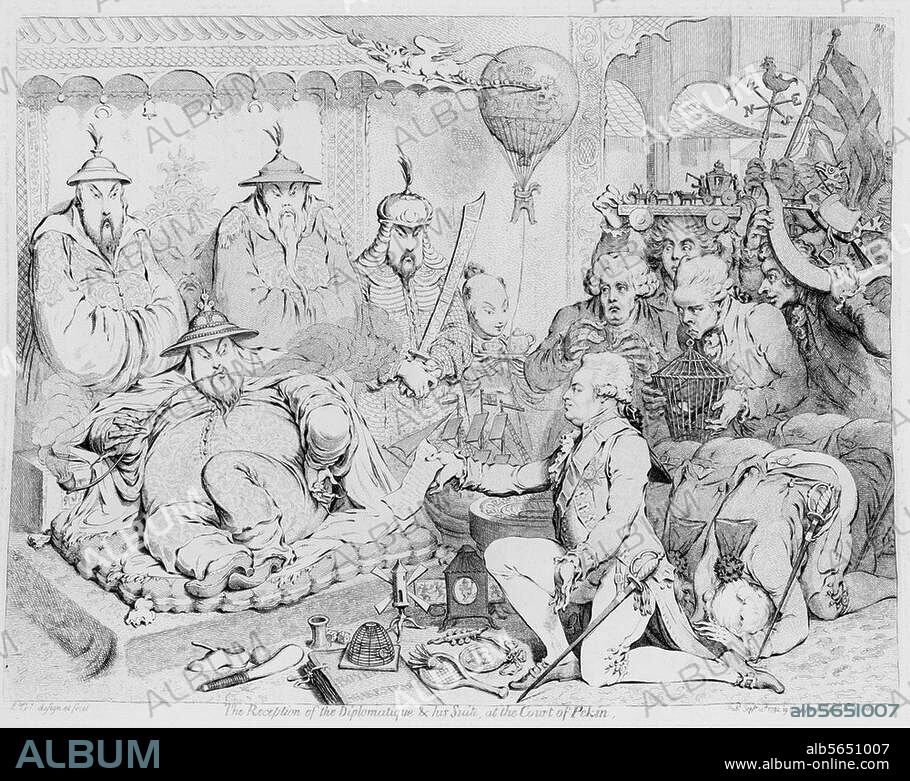 China / Diplomatische Mission Lord George Macartneys zur Erleichterung des Handels mit China 1792/93. "The Reception of the Diplomatique & His Suite at the Court of Pekin". (Karikatur: Lord Macartney vor Kaiser Chien Lung). Radierung von James Gillray (1757-1815), London, 15.9.1792; 31,7 × 39,8 cm.