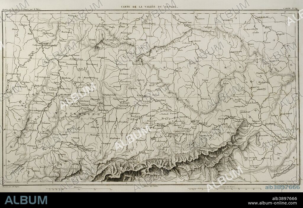Mapa del Valle del Danubio. Historia del Consulado y del Imperio de Napoleón (Atlas de l'Histoire du Consulat et de l'Empire). Obra de Marie Joseph Louis Adolphe Thiers (1797-1877). Dibujos realizados por Dufour y grabados por Dyonnet. Editado en París, 1864. Biblioteca Histórico Militar de Barcelona. Cataluña, España.
