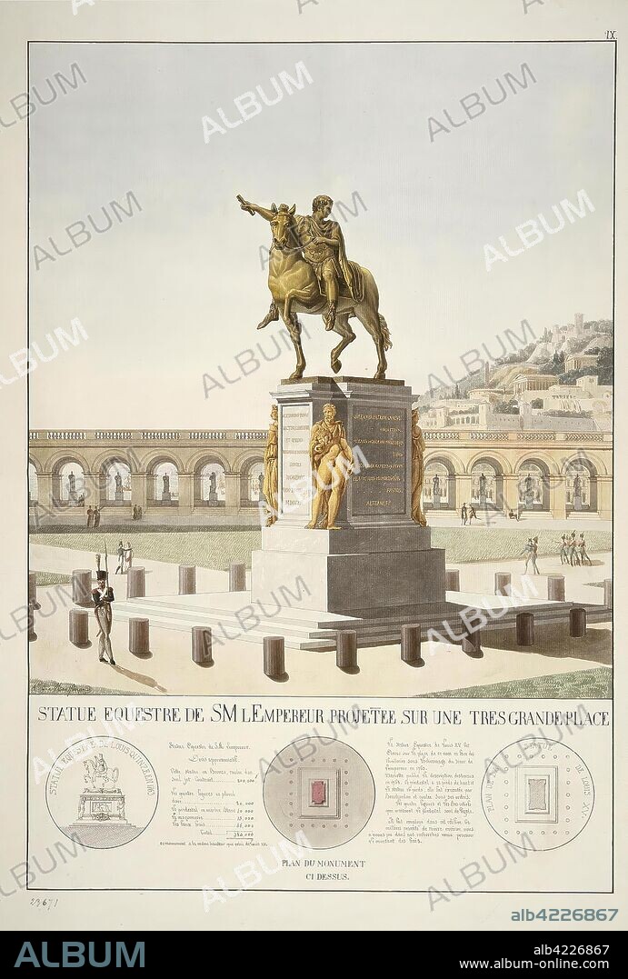 AUGUST RICARD DE MONTFERRAND. 'Equestrian Statue of Alexander I to a Very Large Area'. Album "Different architectural projects presented by and dedicated to Alexander I by Auguste Montferrand". France, 1814. Dimensions: 71x50,6 cm.