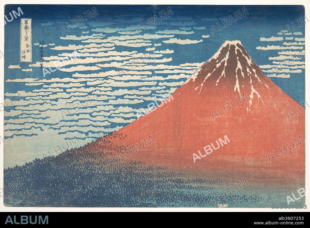 South Wind, Clear Sky (Gaifu kaisei), also known as Red Fuji, from the series Thirty-six Views of Mount Fuji (Fugaku sanjurokkei). Artist: Katsushika Hokusai (Japanese, Tokyo (Edo) 1760-1849 Tokyo (Edo)). Culture: Japan. Dimensions: Oban 10 x 14 7/8 in. (25.4 x 37.8 cm). Date: ca. 1830-32.
Mount Fuji is said to have a reddish hue at dawn in early autumn. Known as "Red Fuji," this print presents Hokusai's uncompromising vision of Mount Fuji without a human presence. The majestic snow-capped Mount Fuji embodies an iconic spirituality that approaches the religious. Trees are reduced to tiny triangles of green stretching along Fuji's base, and the blue sky with a white-paper-like pattern of clouds adds a decorative flourish to the design.
