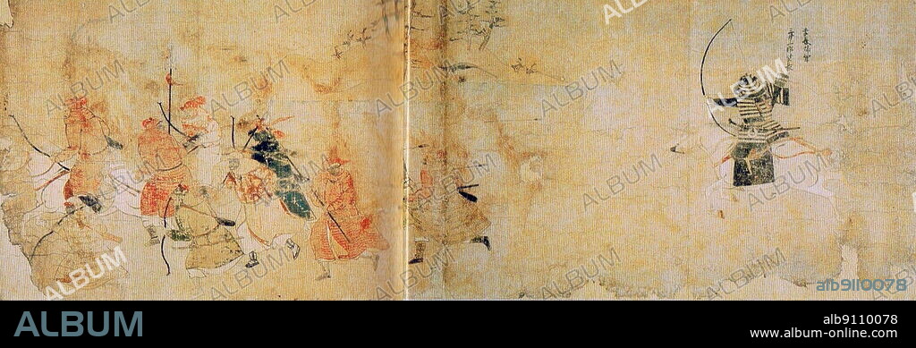 The Japanese Samurai Eroku Sukenaga Mitsui shoots an arrow at a fleeing Mongol soldier. In Mongol Invasion Essay Volume 1.