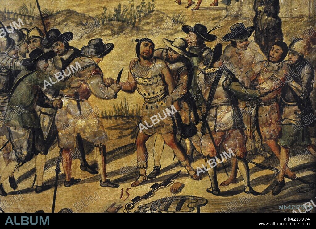 Castigo que reciben los indios espías de Xicoténcatl: les cortan las manos (zona inferior). Detalle de la tabla 7 de la serie de 24 cuadros sobre la conquista de México realizada para Carlos II. Juan y Miguel González (activos en la segunda mitad del siglo XVII). Virreinato de la Nueva España. México, 1698. Técnica: Enconchado, óleo. Soporte: Lienzo sobre tabla. Museo de América. Madrid. España.