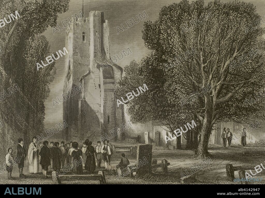 Reino Unido. Inglaterra. St. Albans. Iglesia de San Miguel (St Michael's Church). Condado de Hretfordshire (Herts). Vista exterior de la antigua iglesia, antes de las modificaciones victorianas. En ese lugar se encuentra enterrado Sir Francis Bacon. En primer plano, un entierro. Grabado por Joseph Clayton Bentley (1809-1851) a partir de un estudio original del pintor paisajista Charles Marshall (1806-1890). "London and its Environs", h. 1840 (Londres y sus Alrededores). Biblioteca Histórico Militar de Barcelona, Cataluña, España.
