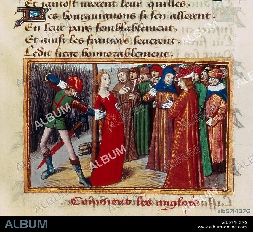 Jeanne d'Arc, héroïne française . v. 1412 - 1431. - Jeanne d'Arc au bûcher. (30 mai 1431 à Rouen ; à dr., l'évêque Cauchon, la main tendue ; à sa gauche, L'huissier Jean Massieu tenant l'acte d'accusation roulé dans sa main). Enluminure, 1484. In : "Vigiles de Charles VII" de Martial d'Auvergne. Ms. fr. 5054, fol. 71. Paris, Bibliothèque Nationale.