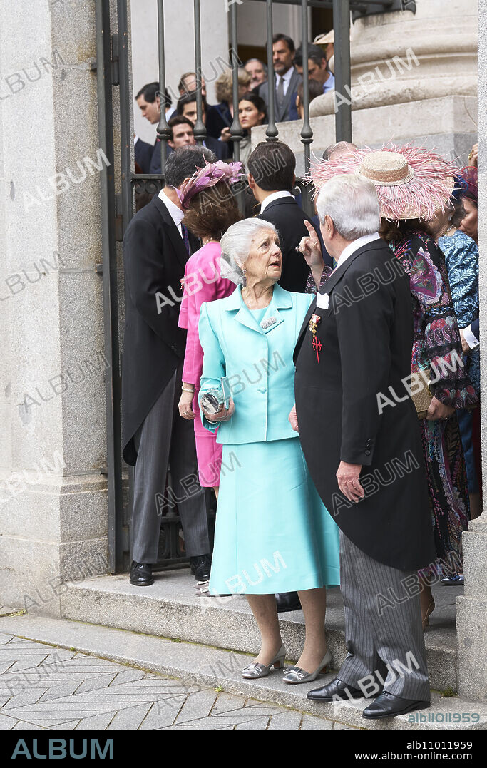 Beatriz Moreno y de Borbon, Lucas Urquijo y Fernandez-Araoz, Teresa de Borbon-Dos Sicilias y Borbon-Parma, Inigo Moreno y Artega, 12th Marquess of Laula leaves after the wedding of Jose Luis Martinez Almeida, major of Madrid, and Teresa Urquijo at Sagrado Corazon and San Francisco de Borja Church on April 6, 2024 in Madrid, Spain.