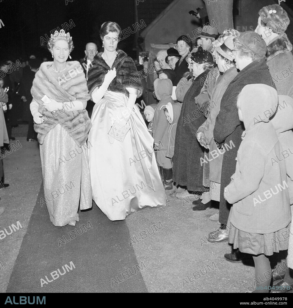 Princess Sibylla and Princess Margaretha on their way to a wedding, Glumslöv, Landskrona, Sweden, 1961. Princess Sibylla of Saxe-Coburg and Gotha married  Prince Gustav Adolf, Duke of Västerbotten, in 1932. Their son is the current King of Sweden, Carl XVI Gustaf. Princess Margaretha is their eldest daughter, born in 1934. From the Landskrona Museum Collection.