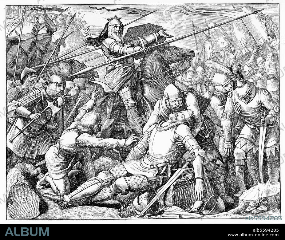 Erster Städtekrieg 1388/89. Schlacht bei Döffingen am 23. August. 1388 (Eberhard II., der Greiner, Graf von Württemberg siegt über den Schwäbischen Städtebund). - "Eberhard der Greiner bei Döffingen". (Tod seines Sohnes Ulrich). Holzstich, um 1860, nach Zeichnung von Adolph Ehrhardt (1813-99). 15 × 19,3 cm. Berlin, Sammlung Archiv für Kunst und Geschichte.