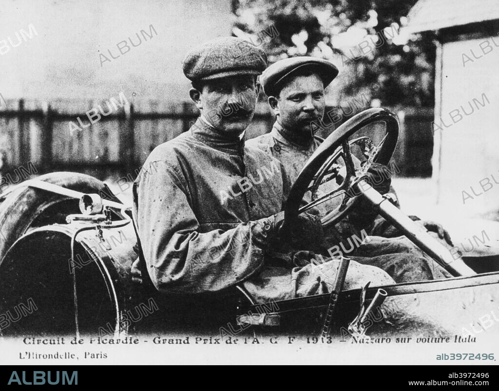 Felice Nazzaro behind the wheel of an Itala, French Grand Prix, Amiens, 1913. Italian driver Nazzaro won the French Grand Prix in 1907 and 1922.