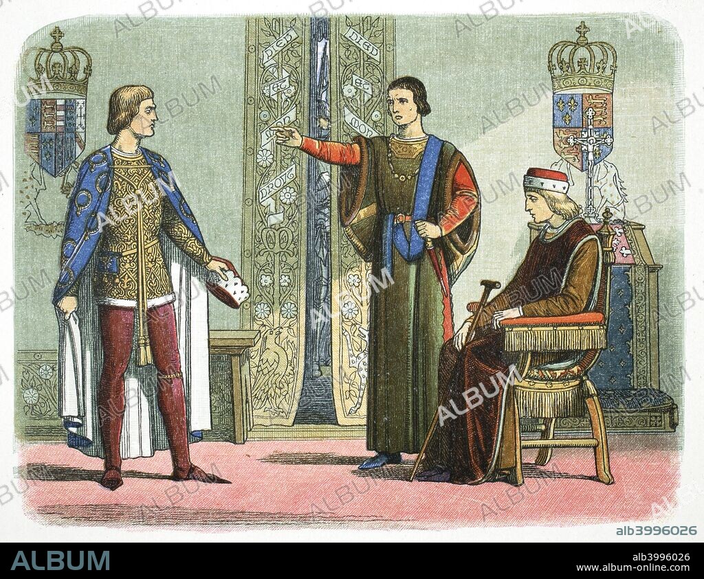 Henry VI of England and the Dukes of York and Somerset, 1450 (1864). After returning from Ireland, Richard, Duke of York (1411-1460), is surprised to find Edmund Beaufort (1406-1455), the Duke of Somerset by Henry VI's (1421-1471) side and confronts him, only to be accused by Somerset of high treason for attempting to usurp the throne.