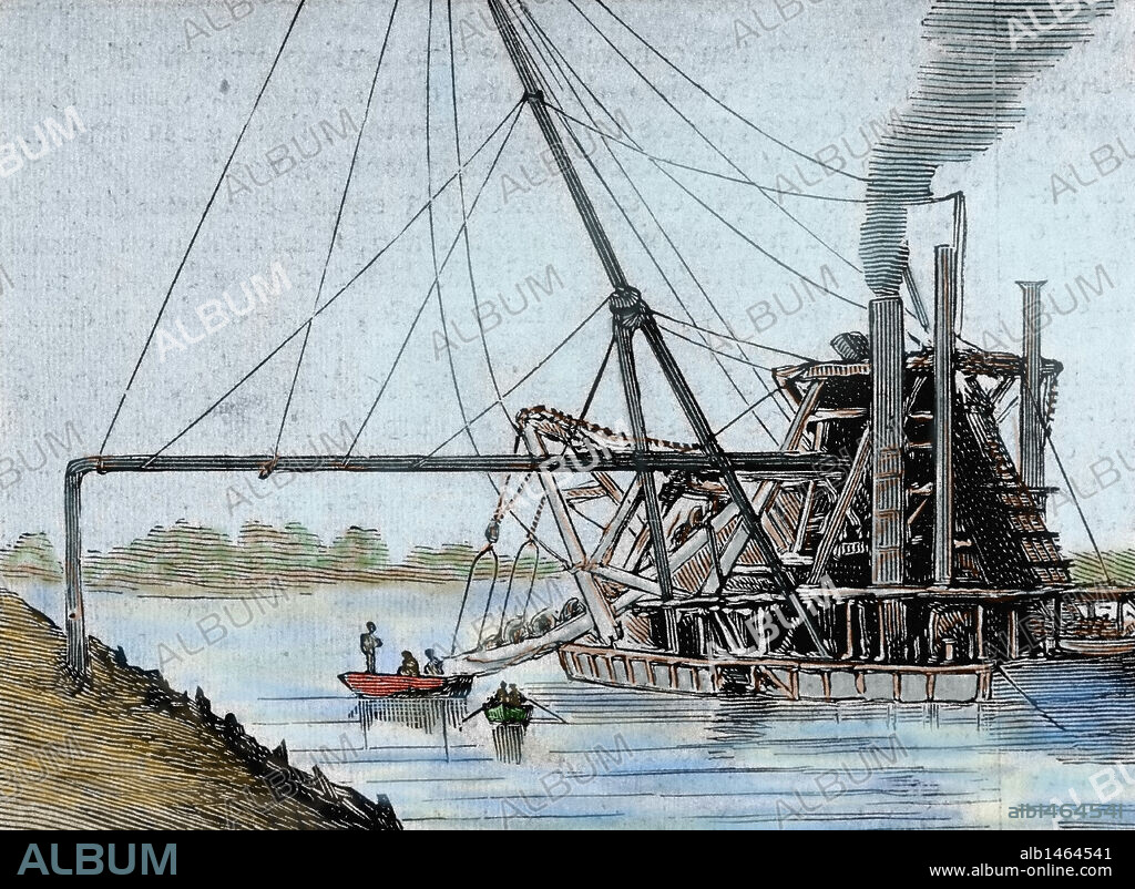 CONSTRUCCION DEL CANAL DE PANAMA. Vista de las obras en la boca y en el estuario de Río Grande. Grabado coloreado del año 1886.