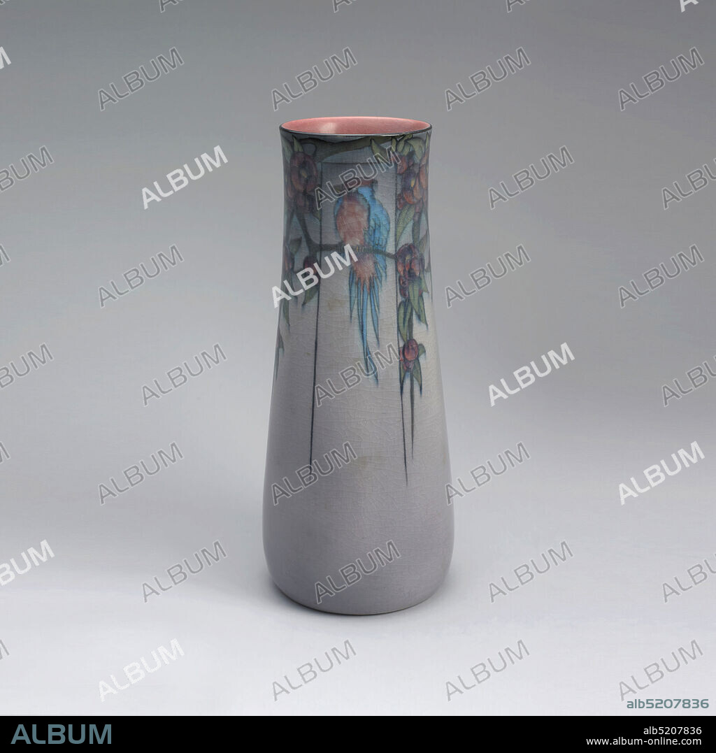 Vase, Rookwood Pottery, American, 1880 - 1967, earthenware, Four parrots resting on four branches also bearing flowers and leaves painted on a grey ground with dark pink on the interior. Colors light blue, shades of pink and green., Ohio, USA, 1917, ceramics, Decorative Arts, Vase.