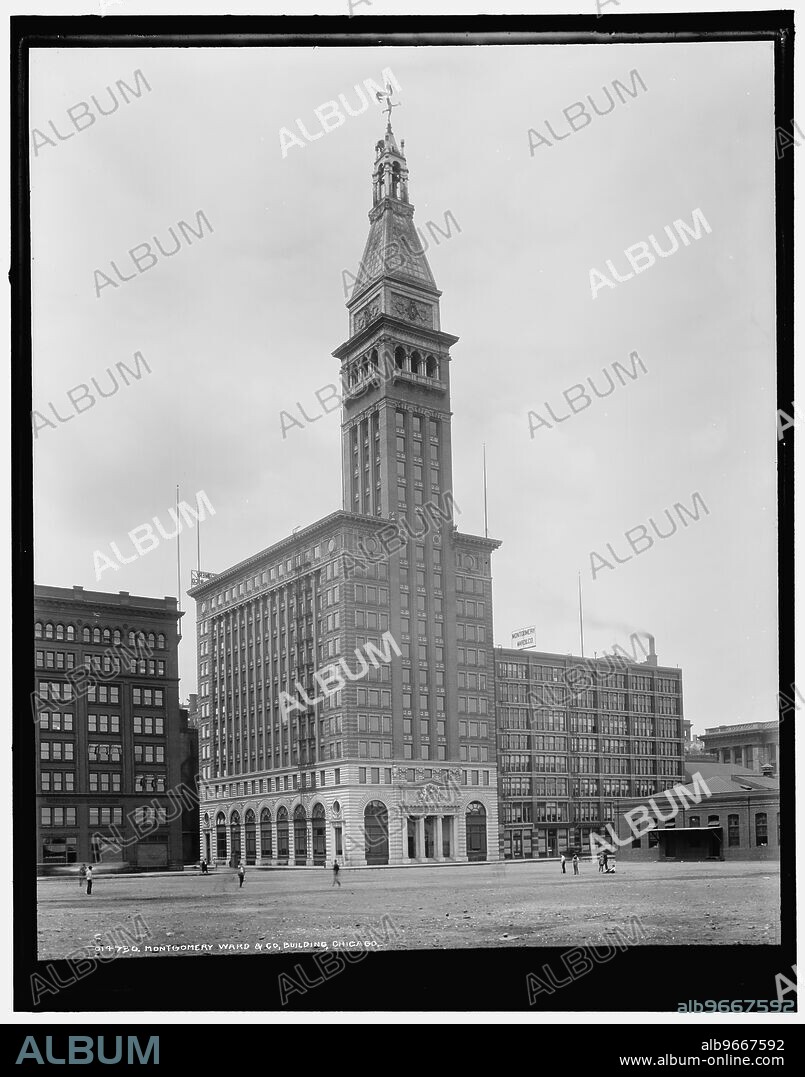 Montgomery Ward & Co. building, Chicago, between 1900 and 1906. Montgomery Ward is the United States' oldest mail order firm. The building was designed by Schmidt, Garden & Martin, and completed in 1899.