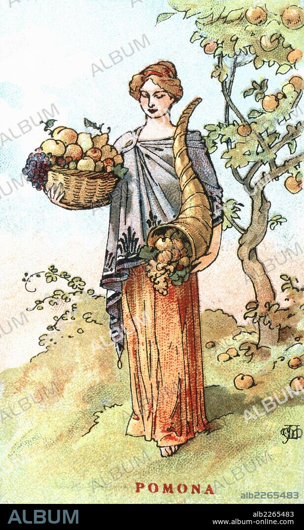 APEL·LES MESTRES I OÑÓS. Mitología. Pomona, diosa de las frutas y las huertas, del olivo y de la vid; se la representa con un cesto o plato de frutas y una cornucopia. Años 1920.