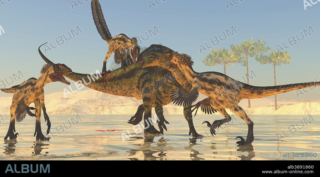 A pack of Deinonychus dinosaurs attack a Tenontosaurus during the Cretaceous Period of North America.