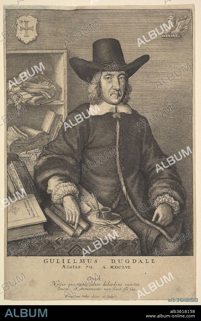 William Dugdale. Artist: Wenceslaus Hollar (Bohemian, Prague 1607-1677 London). Dimensions: Sheet: 10 1/16 × 6 9/16 in. (25.5 × 16.7 cm). Sitter: Sir William Dugdale (British, 1605-1686). Date: 1625-77.
Portrait of William Dugdale; half length, almost full face; siting at a table in a coat with fur cuffs and a small white collar; wearing a broad-brimmed hat; his right hand holds a rolled MS on the table; to the left a copy of 'Monasticon Anglicanum' and 'The Antiquities of Warwicksh: illustrated', and an ink well with pen and knife; behind shelves with documents and seals; arms and his crest, a griffin head with wings, in upper corners; frontispiece to Dugdale's 'The Antiquities of Warwickshire Illustrated'.