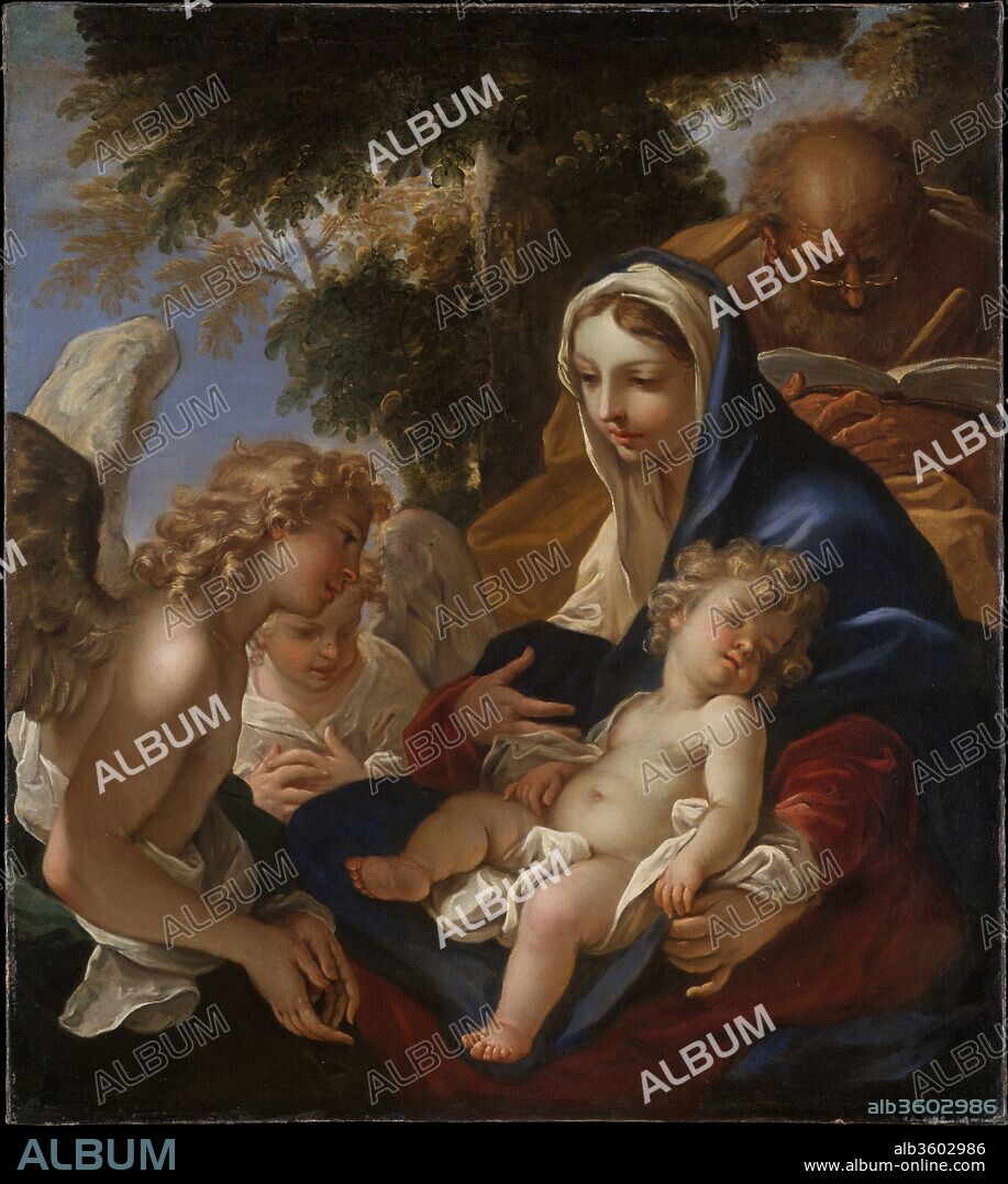 1659-1734) SEBASTIANO RICCI (PEINTRE. The Holy Family with Angels. Artist: Sebastiano Ricci (Italian, Belluno 1659-1734 Venice). Dimensions: 50 x 45 1/2 in. (127 x 115.6 cm). Date: ca. 1700.
An artist of remarkable facility and invention, Sebastiano Ricci achieved a reputation throughout Europe. This <i>Holy Family</i> reflects Ricci's admiration for the work of Ludovico Carracci. He would have had ample opportunity to study Ludovico's paintings when he moved from Venice to Bologna about 1678. The intimate treatment of the theme and the bespectacled figure of Saint Joseph reading a book are noteworthy.