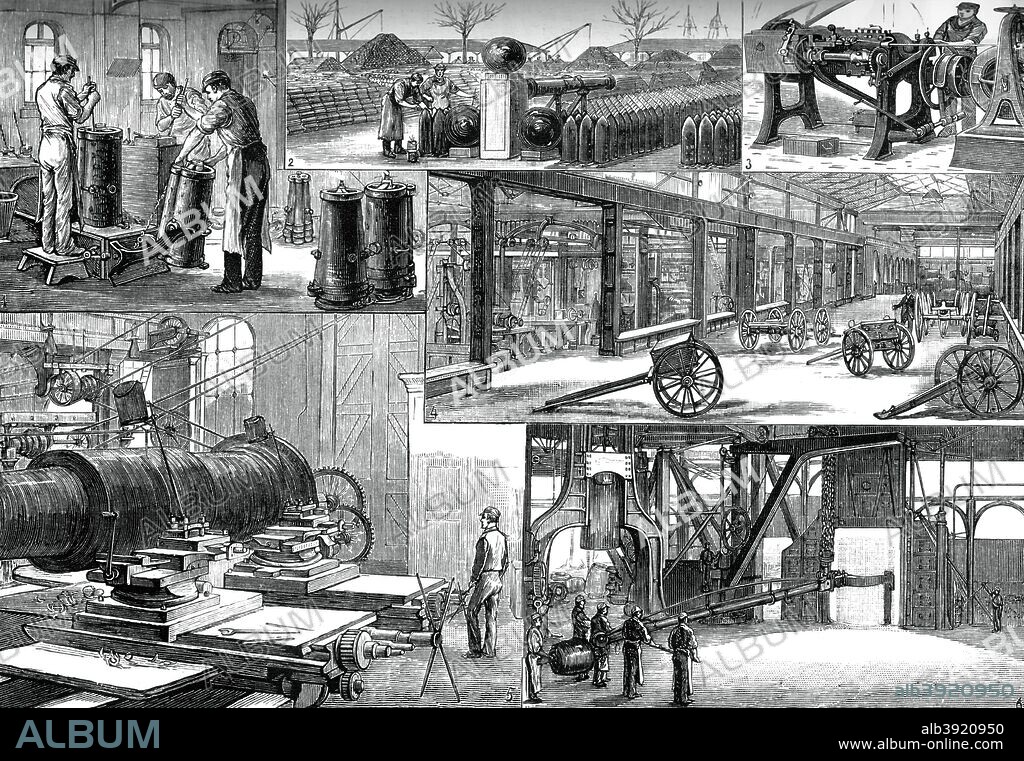In the Royal Arsenal, Woolwich, c1880. The shot and shell foundry, the shot yard, bullet making, carriage department, turning room, and forging a breech coil. A print from Great Industries of Great Britain, Volume I, published by Cassell Petter and Galpin, (London, Paris, New York, c1880).
