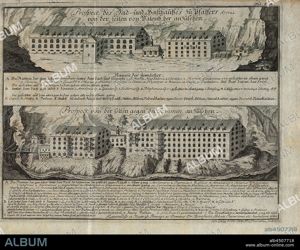 Prospect of the Bad- and Gasthaus zur Pfäfers ..., Front and back of Bad Pfäfers Bad- und Gasthaus, signed: Joh. Georg Seiller, copperplate engraving, plate 5a, after p. 83 (vol. 1), Seiller, Johann Georg (sculptor), 1746, Johann Jacob Scheuchzer, Joh. Georg Sulzern, Johann Jacob Scheuchzers ... Natur-Geschichte des Schweitzerlandes samt seinen Reisen über die Schweitzerische Gebürge. Zürich: David Gessner, 1746.