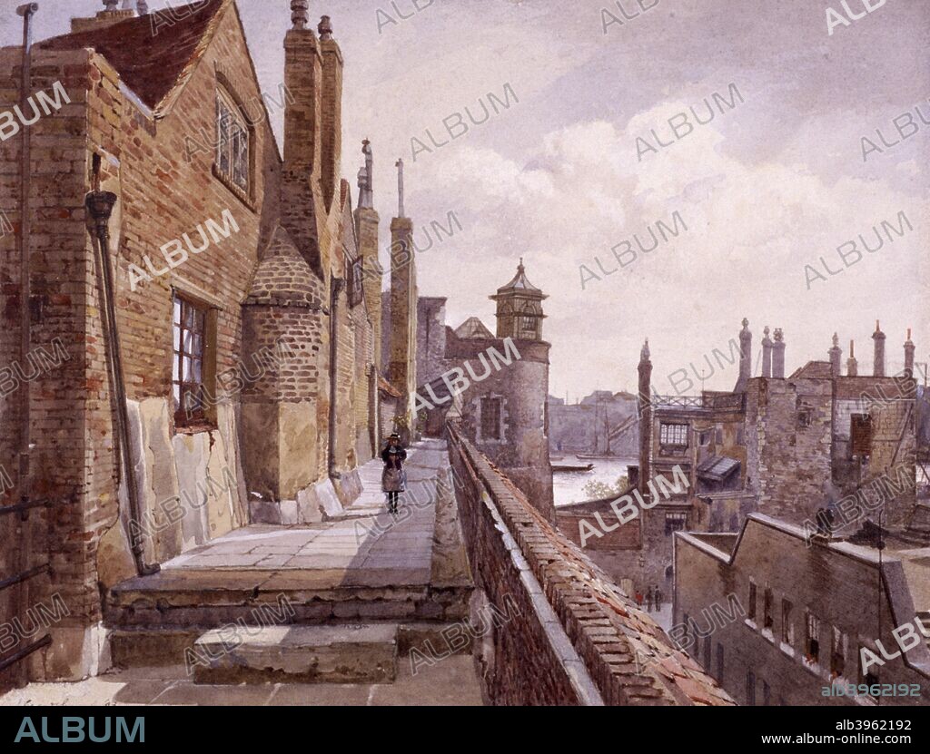 View of the Tower of London, Tower Hamlets, London, 1833; showing a figure walking on Prisoners' Walk between Beauchamp Tower and Bell Tower.