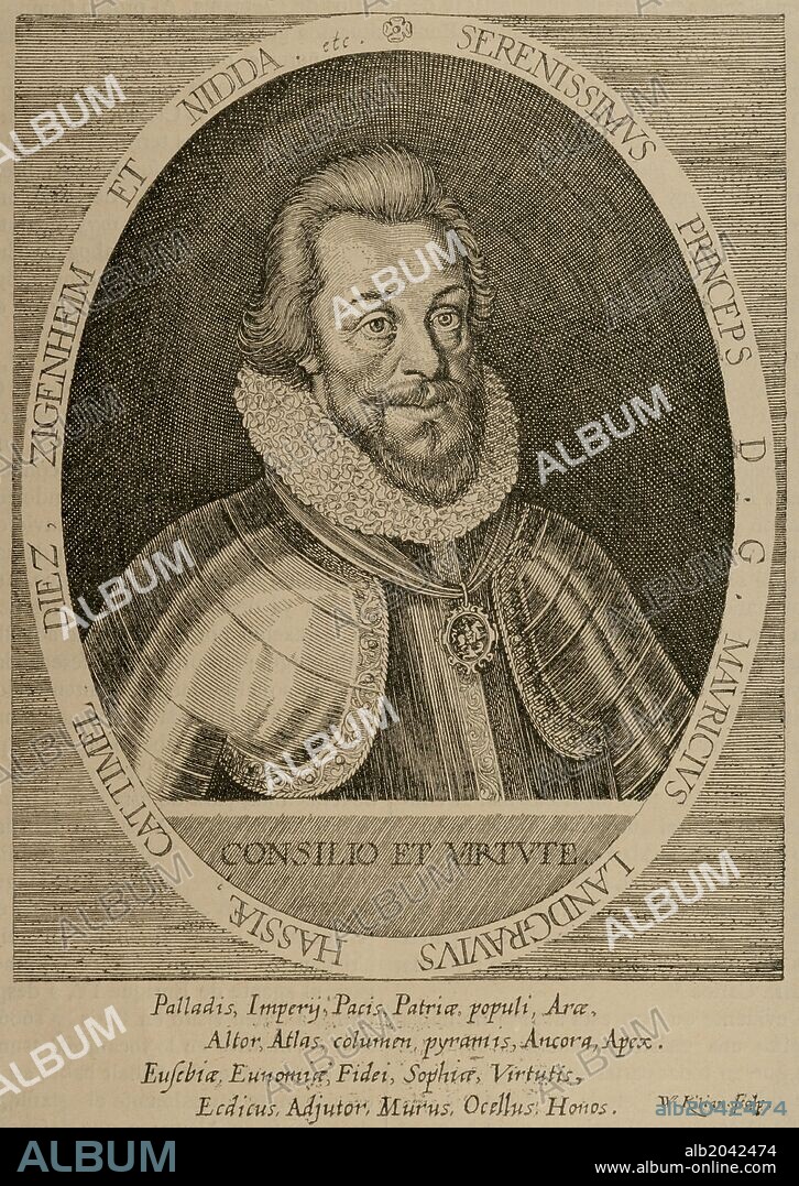 Mauricio de Hesse-Kassel, llamado "el Iluminado" (en alemán, Moritz von Hessen-Kassel, der Gelehrte) (1572-1632). Landgrave de Hesse-Kassel de 1592 a 1627. Facsímil reducido del grabado de Wolfgango Kilian.