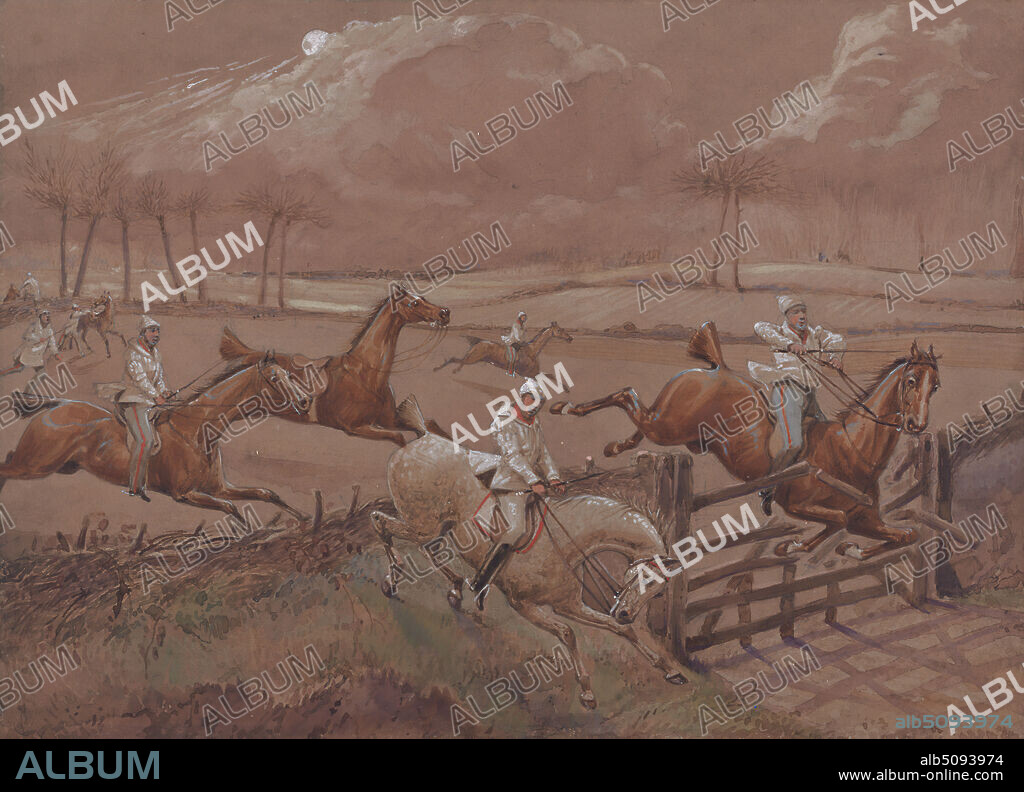 The Night Riders of Nacton: The Last Field near Nacton Heath, Henry Thomas Alken, 17851851, British, undated, Watercolor and gouache on medium, slighlty textured, brown wove paper, mounted to card, Sheet: 10 1/8 × 14 1/8 inches (25.7 × 35.9 cm), fences, horses (animals), men, moonlight, sporting art, England, Europe, Suffolk, United Kingdom.