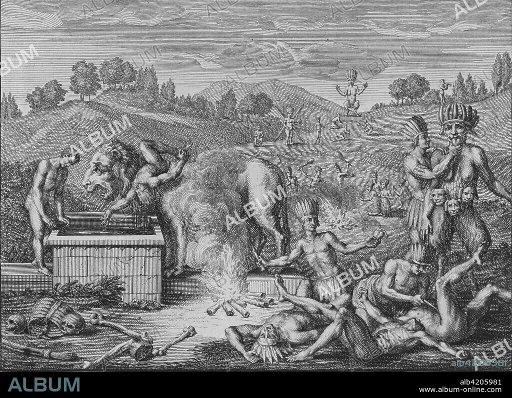 'Idoles de Tabasco', 1723. Idols of Tabasco. Gruesome scene of human sacrifice that supposedly took place in southern Mexico. From "Cérémonies et coutumes religieuses de tous les peuples du monde", (Religious Ceremonies and Customs of All the Peoples of the World), by Jean-Frédéric Bernard, illustrated by Bernard Picart. Although Picart never left Europe, he relied on accounts by those who had. The book 'marked a major turning point in European attitudes toward religious belief and hence the sacred'. [Amsterdam, 1723-1737].