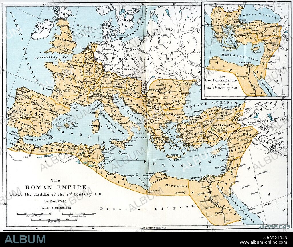 Map of the Roman Empire, 2nd century AD, (1902). Map showing the extent of the Roman Empire about the middle of the 2nd century. Illustration from 'The World's History, The Mediterranean Nations, by Dr H F Helmolt, Volume IV, published by William Heinemann, (London, 1902).