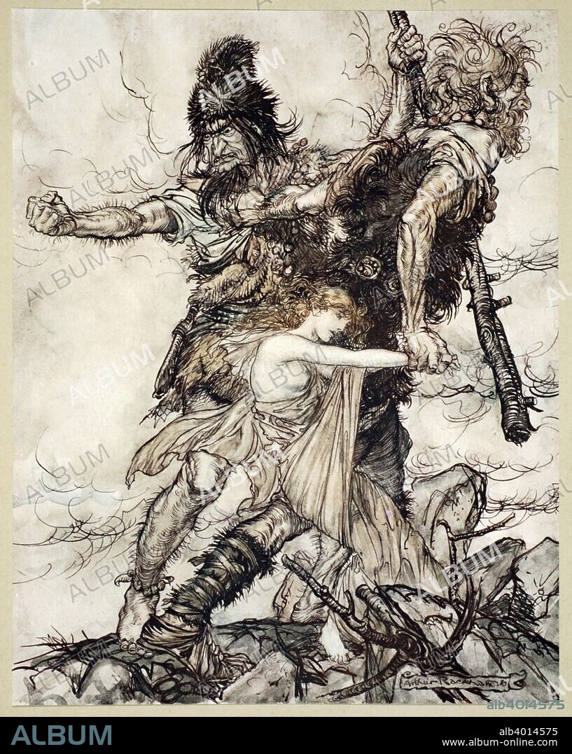 'Fasolt suddenly seizes Freia and drags her to one side with Fafner', 1910. Illustration from The Rhinegold and the Valkyrie. After Wotan promises to give Friea to the giants in return for Walhalla, Fasolt and Fafner take her. From Das Rheingold. From a private collection.