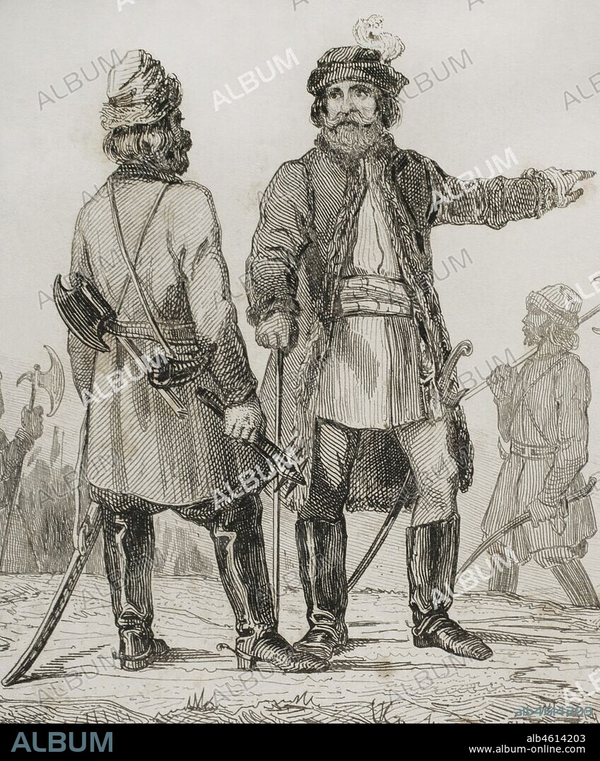 Russia. Streltsy. Muscovite infantry corps. Engraving by Lemaitre. History of Russia by Jean Marie Chopin (1796-1870). Panorama Universal, Spanish edition, 1839.