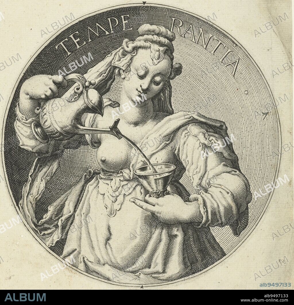 Temperance, in the guise of a woman pouring water from a jug into a glass. At the top of the representation the word 'TEMPERANTIA. (fortitude). This print is part of a series of seven circular representations of the virtues, each personified by a female figure with typical attributes, and with Latin inscription, and with Latin inscription., Temperance Temperantia The Virtues (series title), print maker: Jacob de Gheyn (II), (workshop of), print maker: Zacharias Dolendo, (possibly), Jacob de Gheyn (II), Netherlands, 1591 - 1595, paper, engraving, d 150 mm.