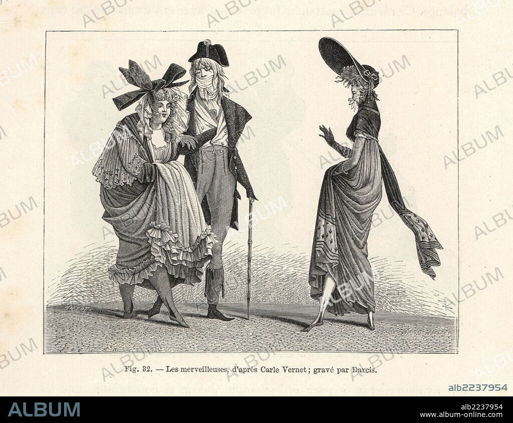 Merveilleuses and incroyables, dandies and fashionable women, Paris, Directory era. Women in jockey cap and bonnet with ribbons, dress, stole and embroidered stockings. Man in cocked hat, high cravat, short gilet, redingote and boots, holding a stick. Illustration drawn by Carle Vernet, woodcut engraving by Darcis from Paul Lacroix's "Directoire, Consulat et Empire," Paris, 1884.
