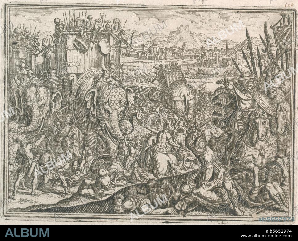 MATTHÄUS MERIAN DER ÄLTERE. Krieg Roms mit Tarent 280-272 v. Chr. Schlacht bei Heraklea 280 v. Chr. (Der von Tarent zu Hilfe gerufene König Pyrrhus von Epirus siegt über die Römer). Schlacht bei Heraklea. Kupferstich von Matthäus Merian d. Ä. (1593-1650). Aus: Johann Ludwig Gottfried, Historische Chronica, Frankfurt a. M. (M.Merian) 1630, S. 198. Berlin, Sammlung Archiv für Kunst und Geschichte.