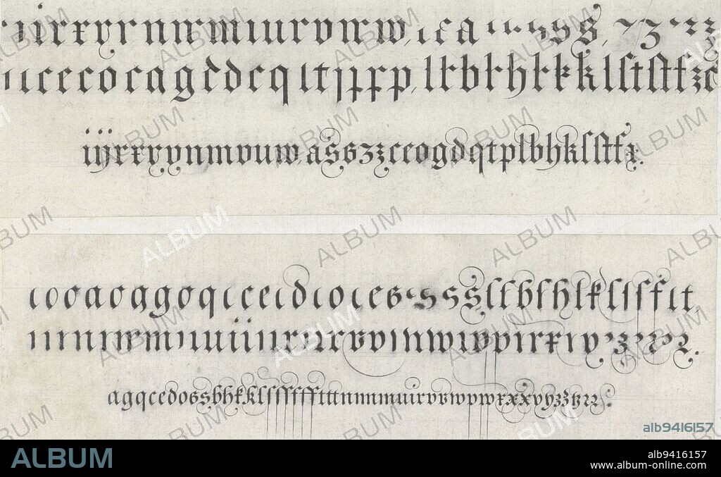 Two representations on an album leaf. These are two calligraphic drawings. Above three lines of letters in gothic textura. Below three lines of letters in fraktur. The drawings are part of an album, two designs of writing samples: textura and fraktur Spieghel der schrijfkonste (series title), Jan van de Velde (I), Rotterdam, 1605, paper, pen, h 72 mm × w 212 mm × h 66 mm × w 211 mm.